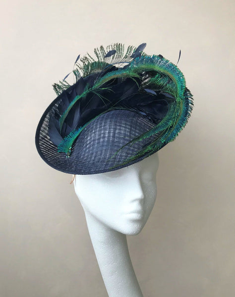 Grace Navy and Peacock Feather Hat