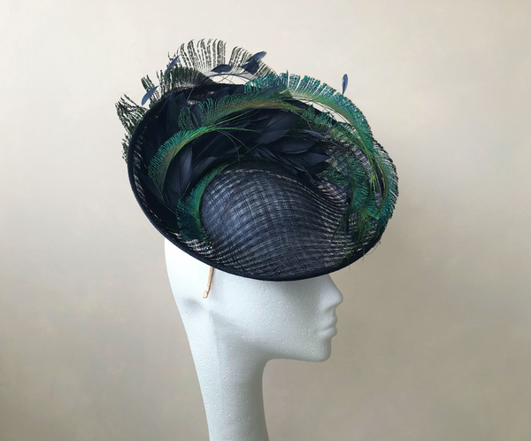 Grace Navy and Peacock Feather Hat